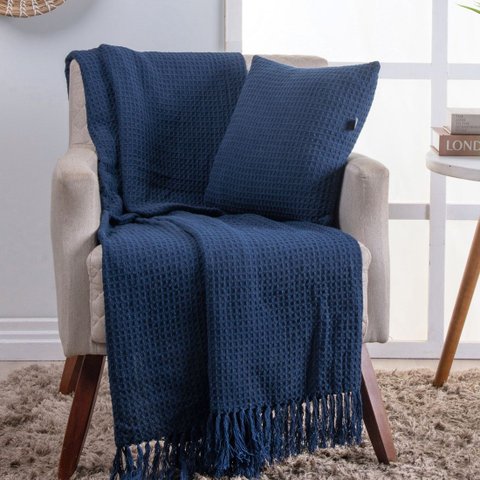 Manta Decorativa para Sofá Boho Favo de Mel Marinho Algodão