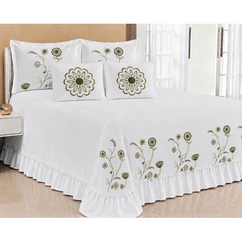 Kit Cobre Leito Casal Queen Encanto 07 Peças Bordado Colcha - Branco com Verde Musgo