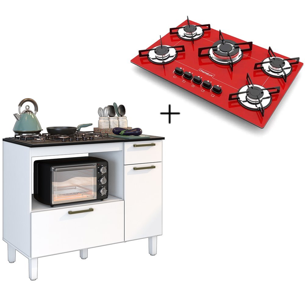 Kit Balcão Cooktop 2 Porta 1 Gav. C/Cooktop 5 Bocas Vermelho Bivolt