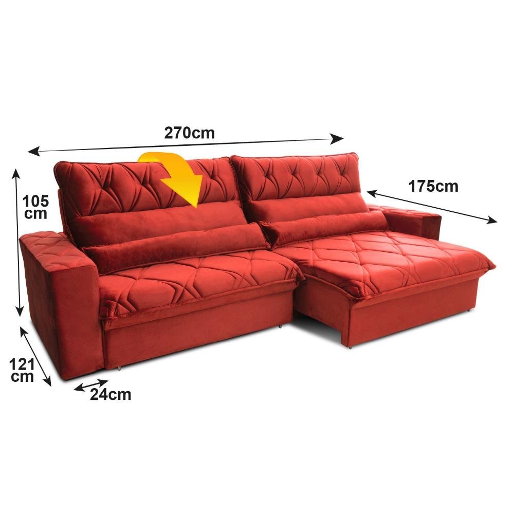 Sofá Retrátil/Reclinável França 2,70m Suede Velut Vermelho c/ Molas no Assento - King House - 3