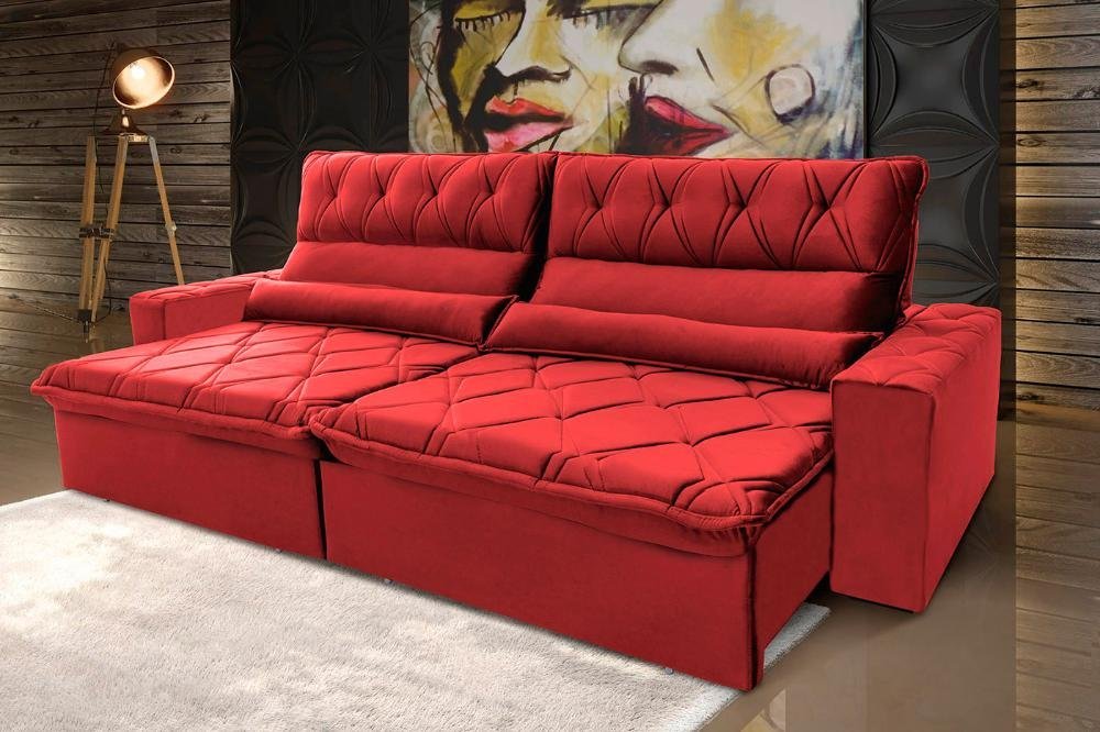 Sofá Retrátil/Reclinável França 2,70m Suede Velut Vermelho c/ Molas no Assento - King House