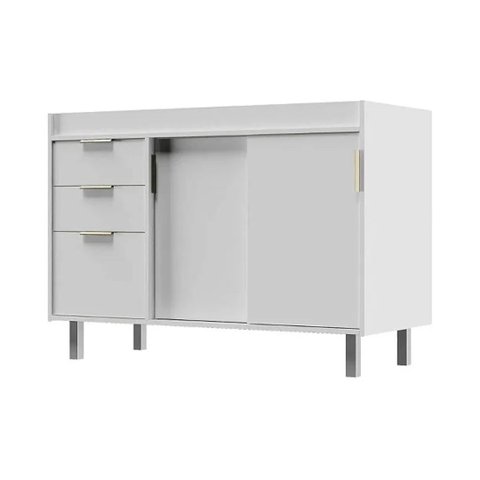 Balcão de Cozinha 114cm 100% MDF 2 Portas Correr 3 Gavetas:Branco