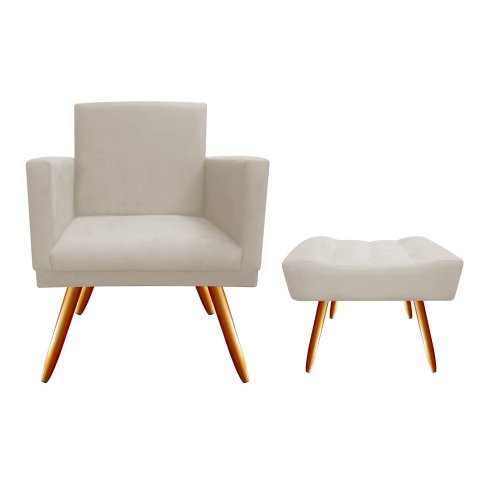 Kit Poltrona Decorativa Bia + Puff Retangular Suede Bege Pés Madeira Ms Decor