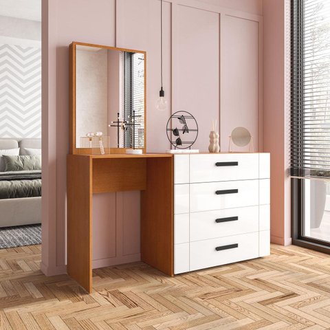 Cômoda Penteadeira Lisboa 4 Gavetas com Espelho 149x160cm Branco/Freijó 250800