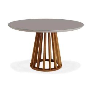 Mesa de Jantar 4 Lugares Redonda Londres 110cm Base em Madeira Maciça Tampo com Vidro Off White/amad
