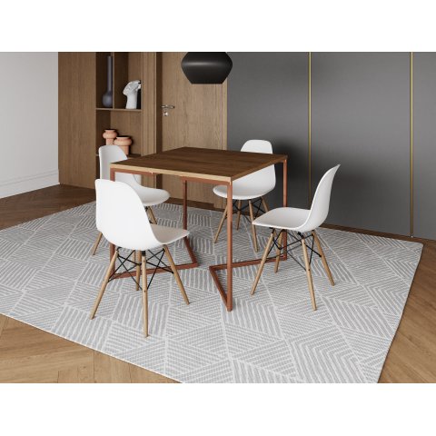 Mesa Industrial Base Ferro Cobre em V Tampo 90x90 Amendoa 4 Cadeiras Eames Madeira Assento Branco