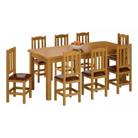 Mesa com 8 Cadeiras de Madeira 200x88 Mel com Estofado Marrom Nemargi