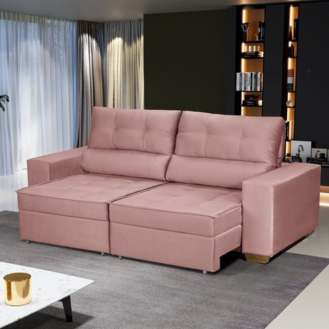 Sofá Retrátil e Reclinável 3 Lugares 190cm Yescasa Veludo Rosa Industrial 