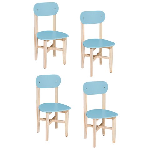 Kit 4 Cadeiras Colorê Infantil Assento e Encosto Azul Base em Madeira Maciça Pinus