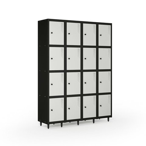 Armário Roupeiro Locker Guarda-Volume de Aço 16 Portas Pequenas com Fecho para Cadeado Vestiário Cinza/Preto
