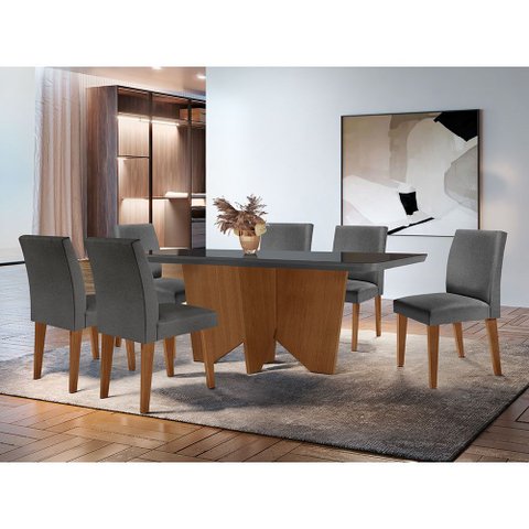 Sala de Jantar Mesa Evora 180 Mdf Vidro Canto Copo com 6 Cadeiras Grecia Rufato