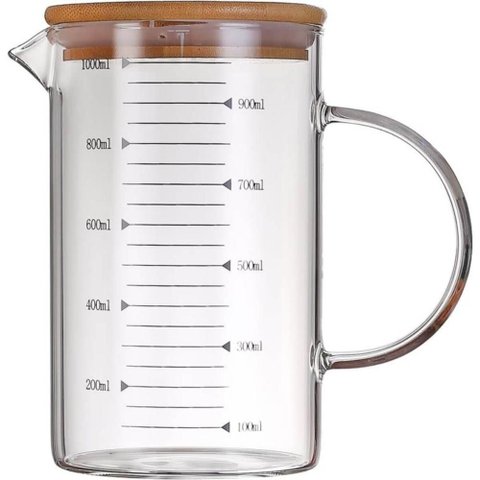 Jarra Medidora 1l de Vidro com Tampa de Bambu e Bico Direcionador Graduada Medidas Cozinha Wolff