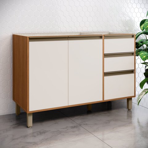 Balcão Pia 3 Portas 2 Gavetas 120cm Venaly Marrom/Cinamomo/Off White