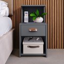 Ver imagem 2 de Kit Quarto 2 Mesinhas Pequena Gaveta Nicho Mudo Retrô Cabeceira Estofada Suspensa Cama Box Casal 1,