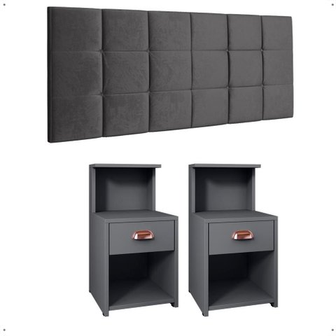 Kit Quarto 2 Mesinhas Pequena Gaveta Nicho Mudo Retrô Cabeceira Estofada Suspensa Cama Box Casal 1,