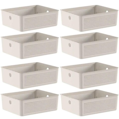 8 Caixas Organizadoras Multiuso Flow Bege 12L ou Cestos Plásticos Lavanderia Closet