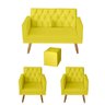 Kit Sofá 2 Lugares e 2 Poltrona para Sala Bianca Capitonê Rodapé e Puff Quadrado Suede Amarelo - 1