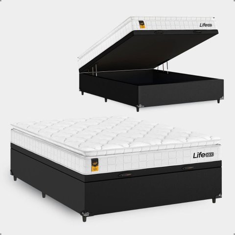 Cama Box Baú Casal Suede Preto + Colchão Life D33 Pillow Top 61x138x188cm Branco - e-Shop Casa