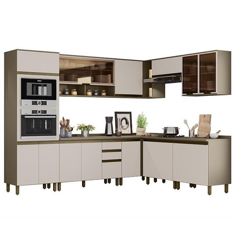 Cozinha Completa de Canto 9 Peças Connect Duna/cristal com Torre Quente e Aéreo Vidro - Móveis