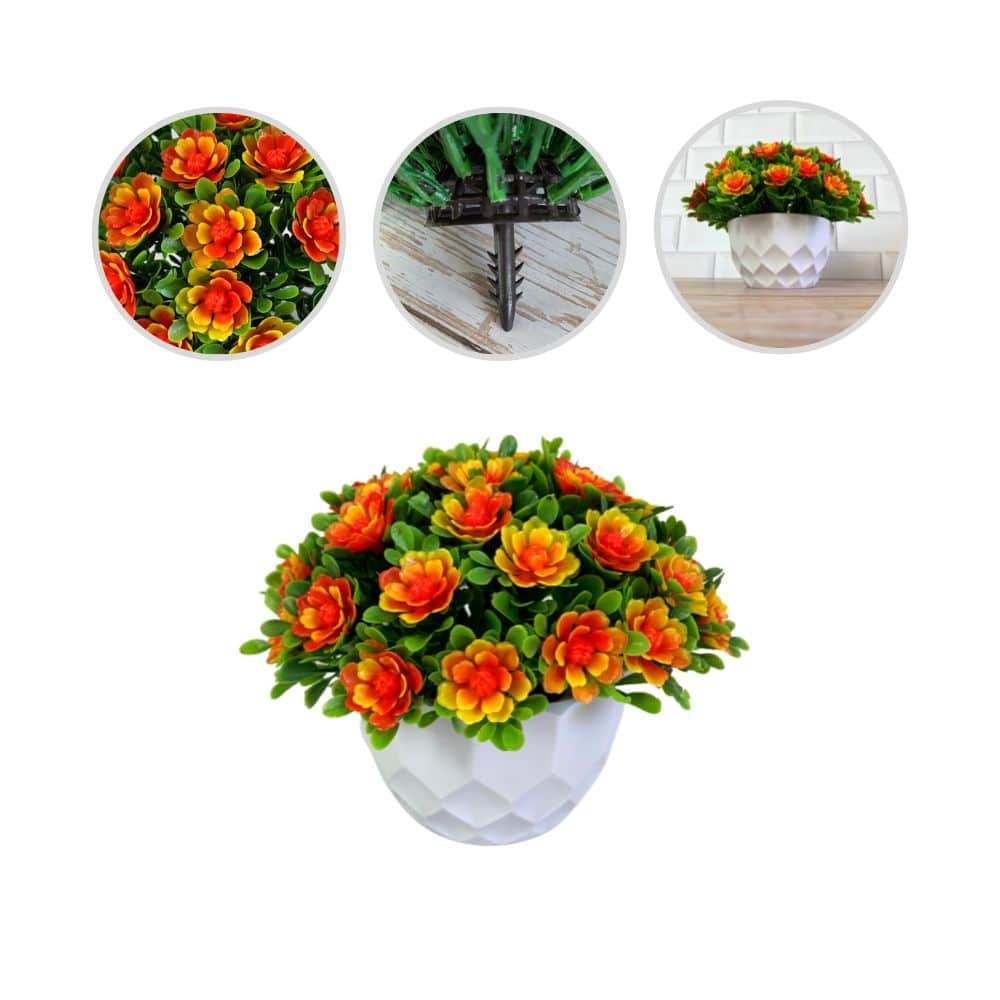 Vaso Geométrico Decorativo + 1 Arranjo de Flor Artificial Cor:Vermelho/Amarelo - 2