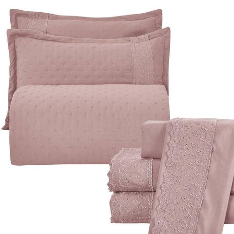 Kit Cobre Leito King + Jogo de Lençol Micropercal 300 Fios com Bordado Inglês Santorini 7 Peças