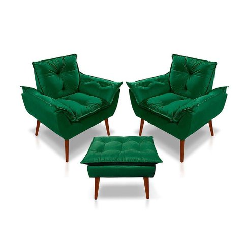 Kit C/2 Poltronas Opala + 01 Puff Opala Elegante Suede Verde