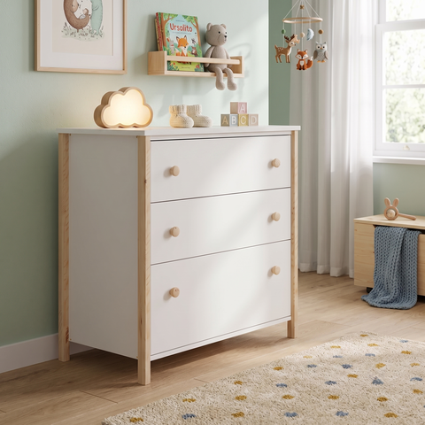 Cômoda Infantil 3 Gavetas Arredus em Madeira Maciça e MDF Branco e Natural