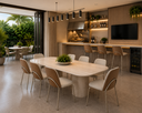 Ver imagem 3 de Kit 3 Banquetas Altas Dubai Linho Areia com Courino Caramelo