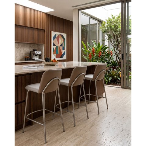Kit 3 Banquetas Altas Dubai Linho Areia com Courino Caramelo