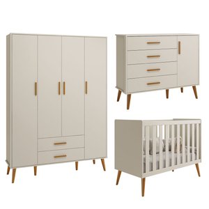 Kit Berço Americano Flex + Comoda Sapateira + Guarda Roupa Isis Retrô 4 Portas 2 Gavetas Areia Fosco
