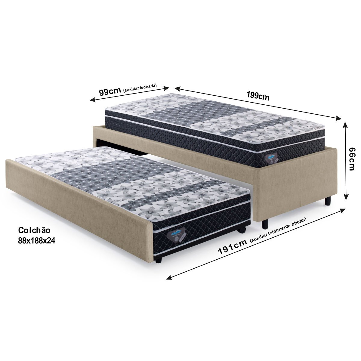 Bicama Box Solteiro Courino Linho Bege 88x188 com Dois Colchões GranSleep Molas Ecoflex - 2