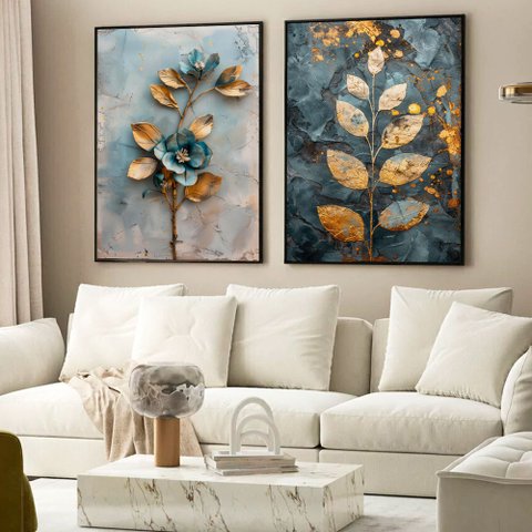 Kit Quadro Decorativo 2 Telas Floral Azul Royal Tacolado Moldura Caixa 3cm Madeira com Vidro 40 X 60