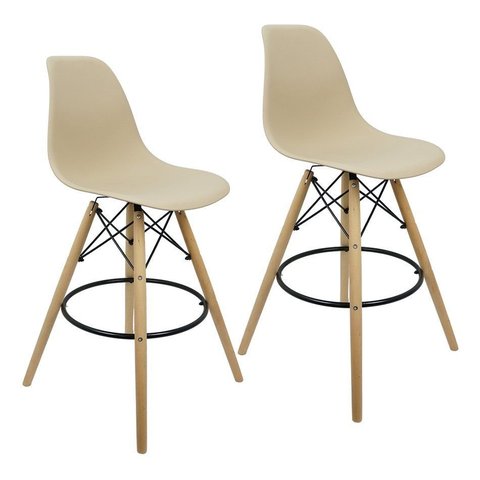 Kit 2 Banquetas Charles Eames Eiffel Wood Design Base Fixa Madeira - Bege Bege