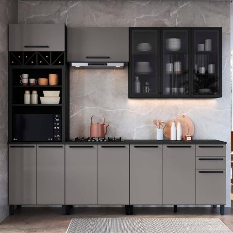 Cozinha Completa Modulada Mônaco 11 Portas 3 Gavetas MDP 270cm Chumbo Titânio