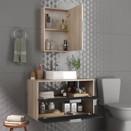 Kit Gabinete Banheiro Rubi 80cm - Gabinete + Cuba + Espelheira - Madeirado / Preto - 2