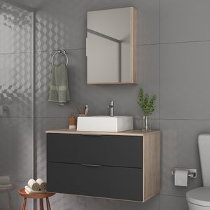 Kit Gabinete Banheiro Rubi 80cm - Gabinete + Cuba + Espelheira - Madeirado / Preto
