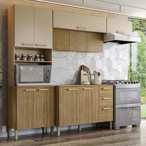 Armário de Cozinha Completa com Balcão com Tampo 12 Portas Urbane Freijó Vanilla com Ripado