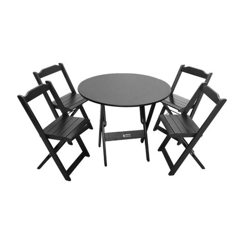 Mesa Dobrável de Madeira Redonda 90cm com 4 Cadeiras Preta - Cor: Preto