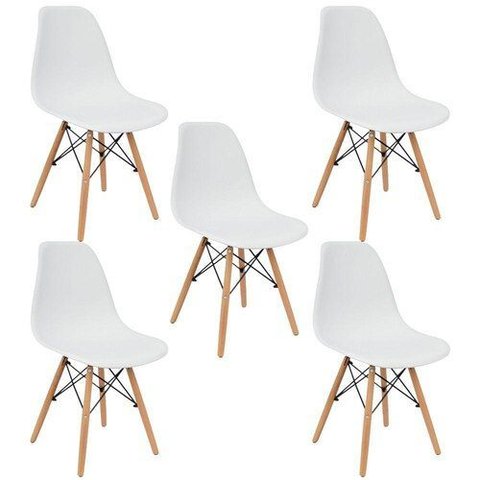 Conjunto 5 Cadeiras Eiffel Moderna Pé Palito Branca - Base Madeira