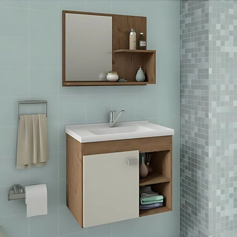 Conjunto Gabinete de Banheiro com Cuba Mármore e Espelheira:amendoa/off White
