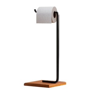 Suporte Porta Papel Higiênico de Chão Preta para Banheiro com Base em Madeira Peroba - ÉdeCasaMóveis                                           
