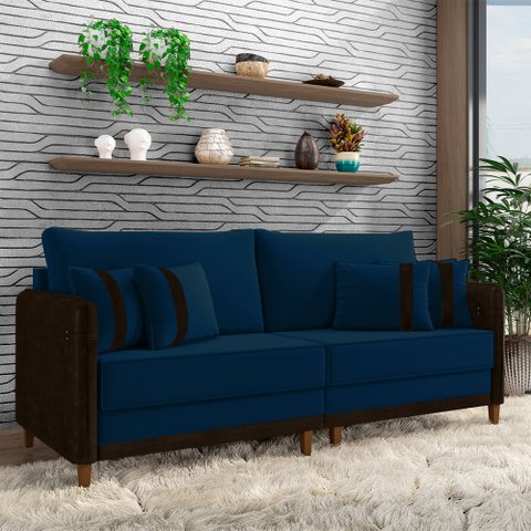 Sofá Montecarlo 3 Lugares 232cm Veludo/pu Azul/marrom