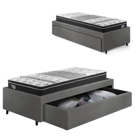 Base Box Cama Solteiro Sapateira Courino Linho Cinza e Colchão Gransleep Ecoflex 88x188