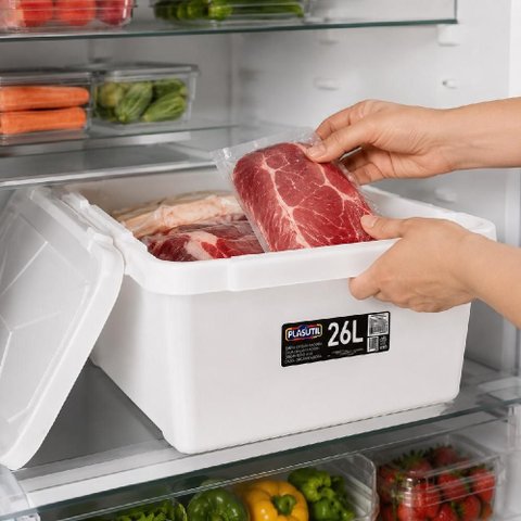 Cesto Organizador 26L Tampa Caixa Plastica Multiuso Alimentos Carnes Freezer Container Confeitaria