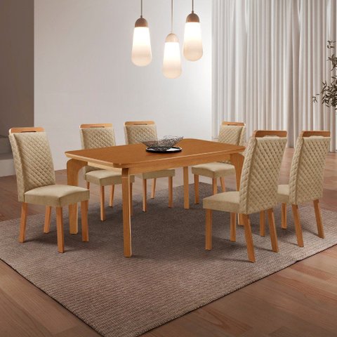 Mesa de Jantar Liz 180cm Tampo MDF Laminado Canto Copo com 6 Cadeiras Lorena
