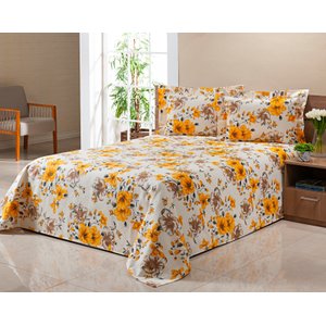 Colcha Cobre Leito Piquet Casal King 3pçs Floral Amarelo