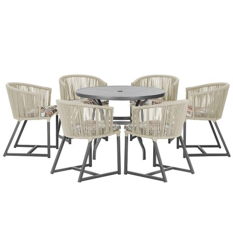 Mesa com 6 Cadeiras de Jantar Roma 120cm e Noronha em Alumínio Preto Corda Náutica Estofado 6 Trama