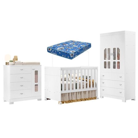 Quarto de Bebê New Katatau Branco Acetinado com Colchão Ortobom– Reller