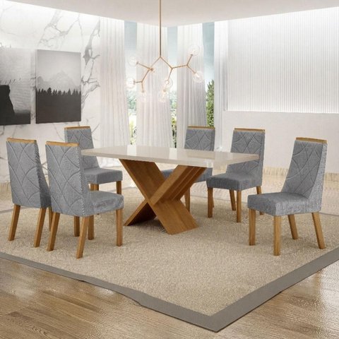 Mesa de Jantar Aurora 180x90cm Vidro 40mm Cinamomo Off White com Kit 6 Cadeiras Linho Prata - Valdem
