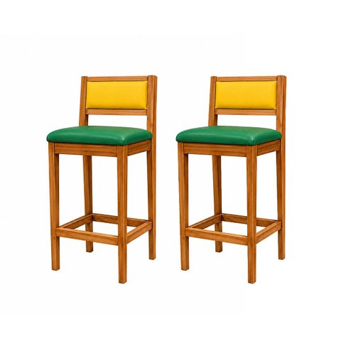 2 Banquetas Madeira Copa do Mundo Brasil Estofados Hellen:Mel e Sintetico Verde